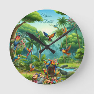 Horloge Ronde Oiseaux tropicaux colorés parmi un Plante vif et l