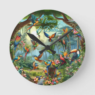 Horloge Ronde Oiseaux tropicaux colorés parmi un Plante vif et l