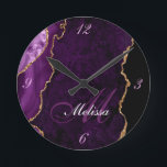 Horloge Ronde or and purple agate monogragragragram trendy round<br><div class="desc">Elegant mix of script with a personalized monogram on gold and purple agate background.</div>