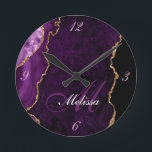 Horloge Ronde or and purple agate monogragragragram trendy round<br><div class="desc">Elegant mix of script with a personalized monogram on gold and purple agate background.</div>