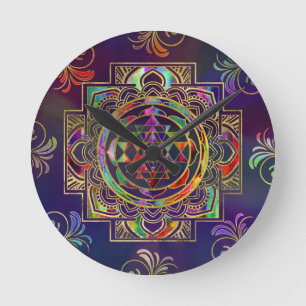 Horloge Ronde Or coloré encadré Sri Yantra Sri Chakra
