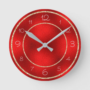 Horloge Ronde Or Doré Glamour sur Rouge Brillante
