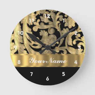 Horloge Ronde Or et damassé florale de noir