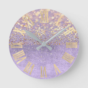 Horloge Ronde Or pourpre de confettis de lavande d'améthyste de
