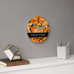 Horloge Ronde Orange Camouflage Votre nom Personnalisez