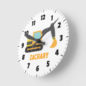 Horloge Ronde Orange Excavateur, Véhicule De Construction Pour E (Angle)