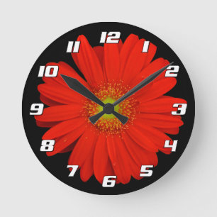 Horloge Ronde Orange Gerbera Fleur marguerite sur noir avec chif