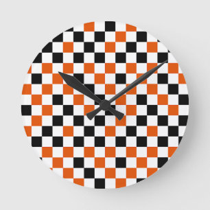 Horloge Ronde Orange Noir et Blanc à Damier