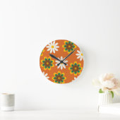 Horloge Ronde Orange Retro les années 70 Fleurs (Maison)