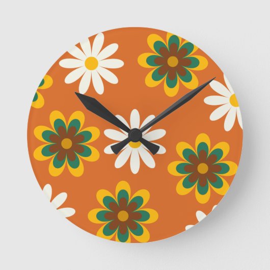 Horloge Ronde Orange Retro les années 70 Fleurs (Recto)