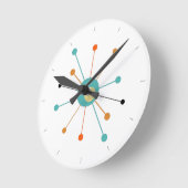 Horloge Ronde Orange Turquoise L'Âge Atomique Commencé Mi-Siècle (Angle)