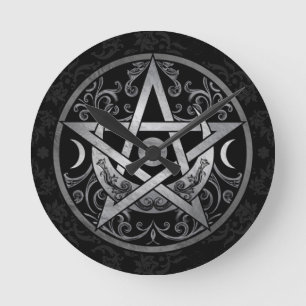Horloge Ronde Ornement du pentagramme - Argent et Noir