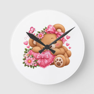 Horloge Ronde Ours en peluche adorable avec nœud rose et cœurs
