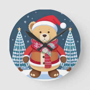Horloge Ronde Ours en peluche festif avec chapeau de Père Noël