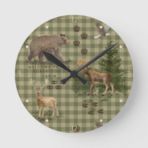 Horloge Ronde Ours rustique forêt cerf orignal aigle aquarelle