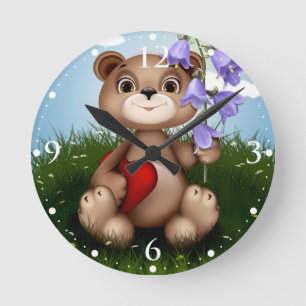 Horloge Ronde Ours tenant un bouquet de fleurs-30926