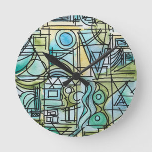 Horloge Ronde Ouverture-Art géométrique Bauhaus moderne aquarell