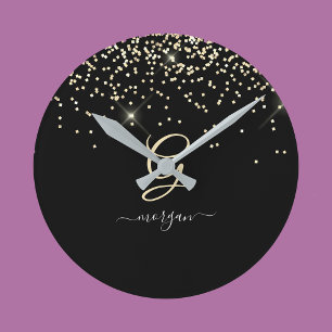 Horloge Ronde Paillettes dorées et monogramme Nom en écriture bl