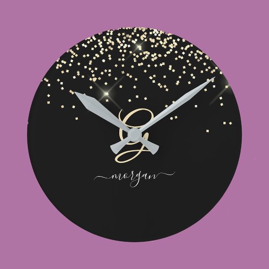 Horloge Ronde Paillettes dorées et monogramme Nom en écriture bl
