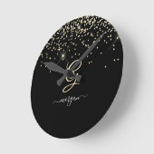 Horloge Ronde Paillettes dorées et monogramme Nom en écriture bl (Angle)