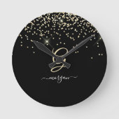 Horloge Ronde Paillettes dorées et monogramme Nom en écriture bl (Recto)