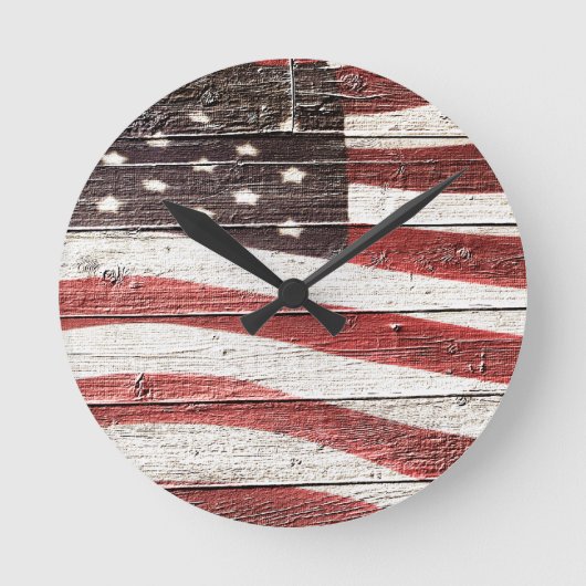 Horloge Ronde Painted American Flag on Rustic Wood Texture (Recto)