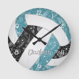 Horloge Ronde paisibles boho motif floral turquoise noir volleyb