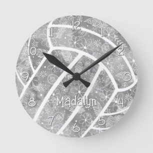 Horloge Ronde paisleys plumes fleurs gris volley