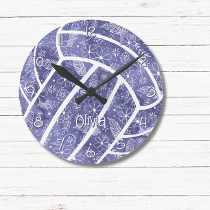 Horloge Ronde paisleys plumes fleurs indigo volleyball