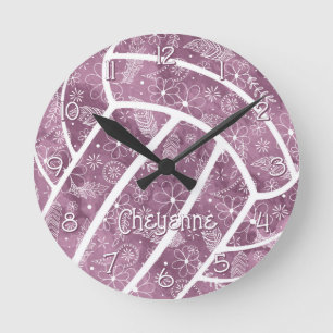 Horloge Ronde paisleys plumes fleurs prune volley