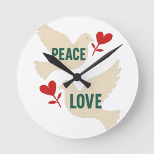 Horloge Ronde Paix & Amour Art vintage de la colombe avec motif