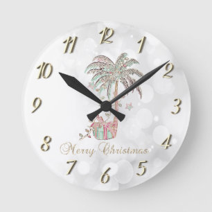 Horloge Ronde Palmier de Noël,Cadeau,Guirlandes Lumineuses,Flou