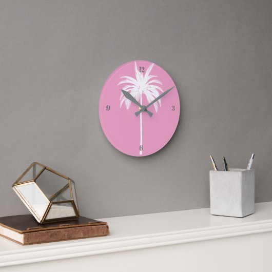 Horloge Ronde Palmier rose Tropical Élégant Moderne (Bureau)