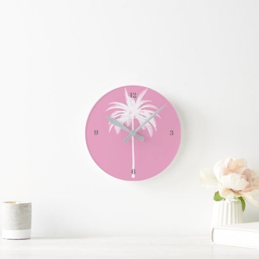 Horloge Ronde Palmier rose Tropical Élégant Moderne (Maison)