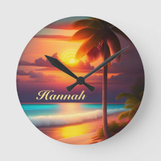 Horloge Ronde Palmier sur la plage au coucher du soleil