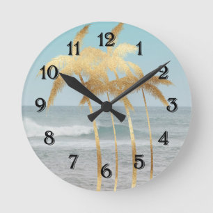 Horloge Ronde Palmiers d'or Hawaii Océan