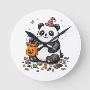 Horloge Ronde Panda potelé d'Halloween avec ventre de bonbons et