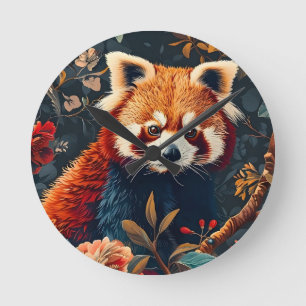 Horloge Ronde Panda roux motif forêt vintage jardin floral