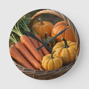 Horloge Ronde Panier de récolte rustique citrouilles carottes