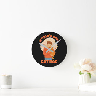 Horloge Ronde Papa Chat le Meilleur au Monde Aquarelle Photo Per