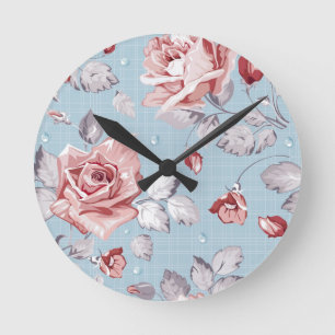Horloge Ronde Papier peint élégant motif de roses roses roses