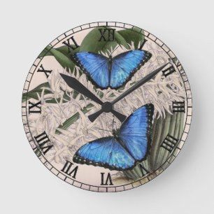 Horloge Ronde Papillon bleu Morpho Floral Nature Art