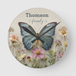 Horloge Ronde Papillon Bleu Vintage Floral Jardin Famille