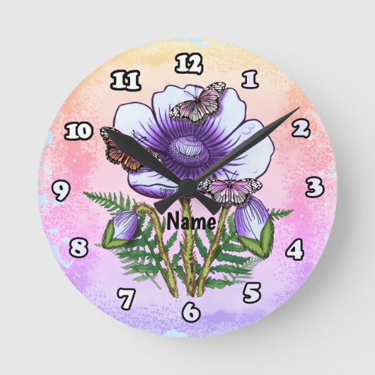 Horloge Ronde Papillon Coquelicot Violet (Recto)