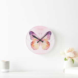 Horloge Ronde Papillon d'art à l'aquarelle
