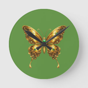 Horloge Ronde Papillon de cristal émeraude doré