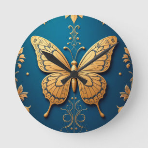 Horloge Ronde Papillon doré orné avec motif floral