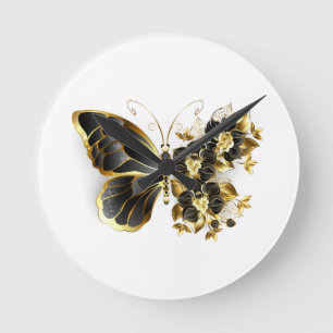 Horloge Ronde Papillon fleur d'or avec orchidée noire