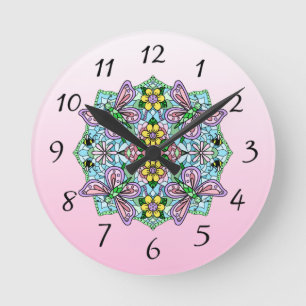 Horloge Ronde Papillon rose Mandala main Whimsical tiré
