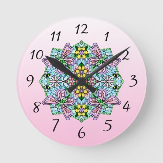 Horloge Ronde Papillon rose Mandala main Whimsical tiré (Recto)